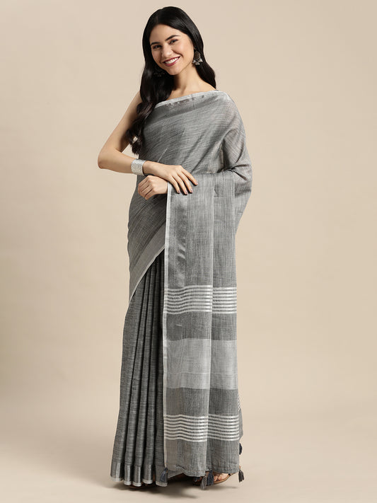 Woven Linen Blend Saree with Silver Zari Border & Tassels