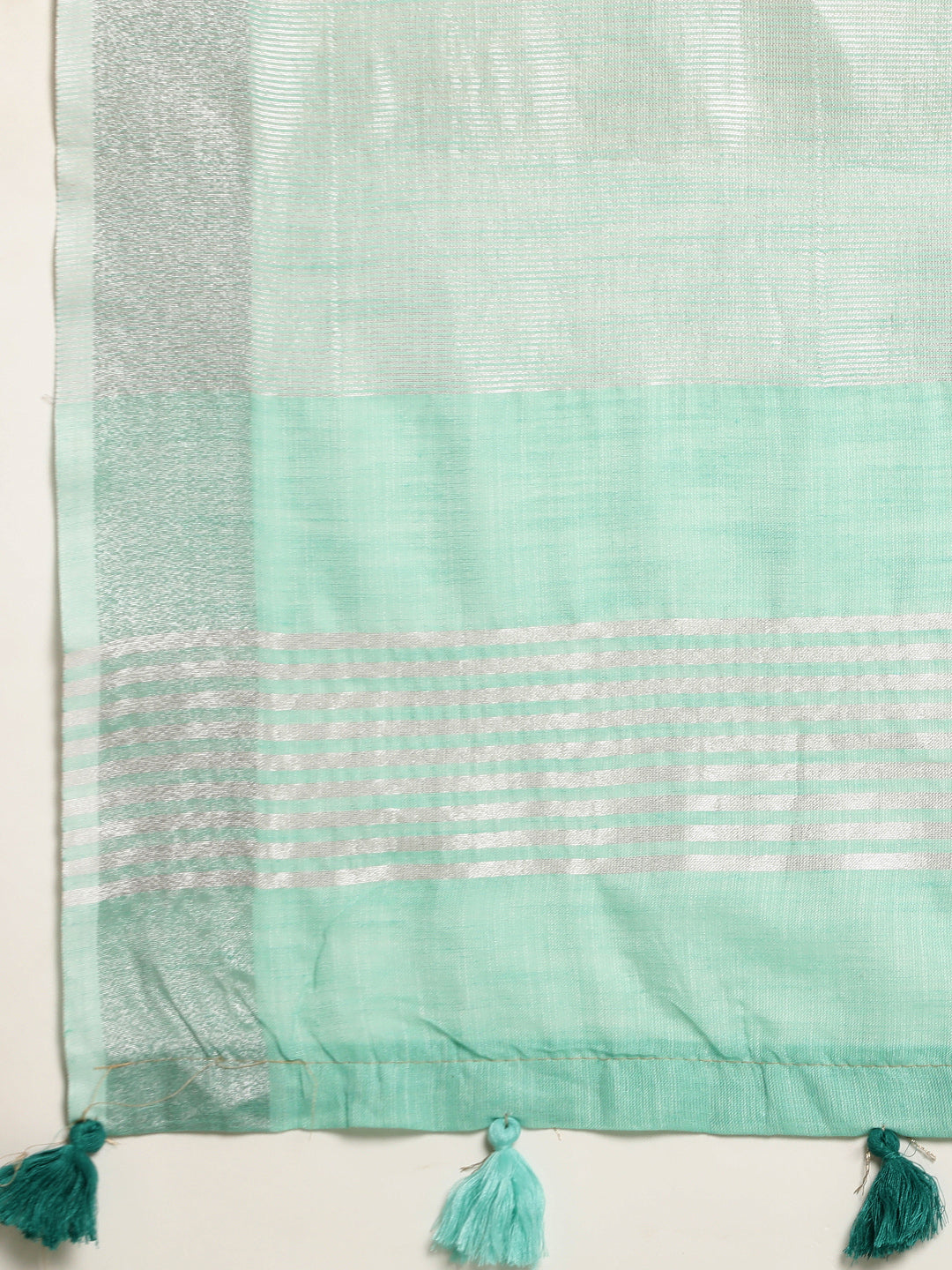Elegant Turquoise Woven Linen Saree with Contrast Zari Border & Tassels – Soft & Breathable Party Wear