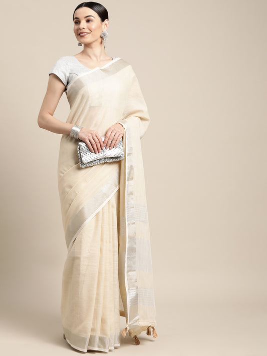 Elegant Beige Woven Linen Saree with Contrast Zari Border & Tassels – Soft & Breathable Party Wear
