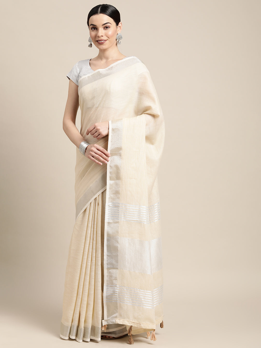 Elegant Beige Woven Linen Saree with Contrast Zari Border & Tassels – Soft & Breathable Party Wear