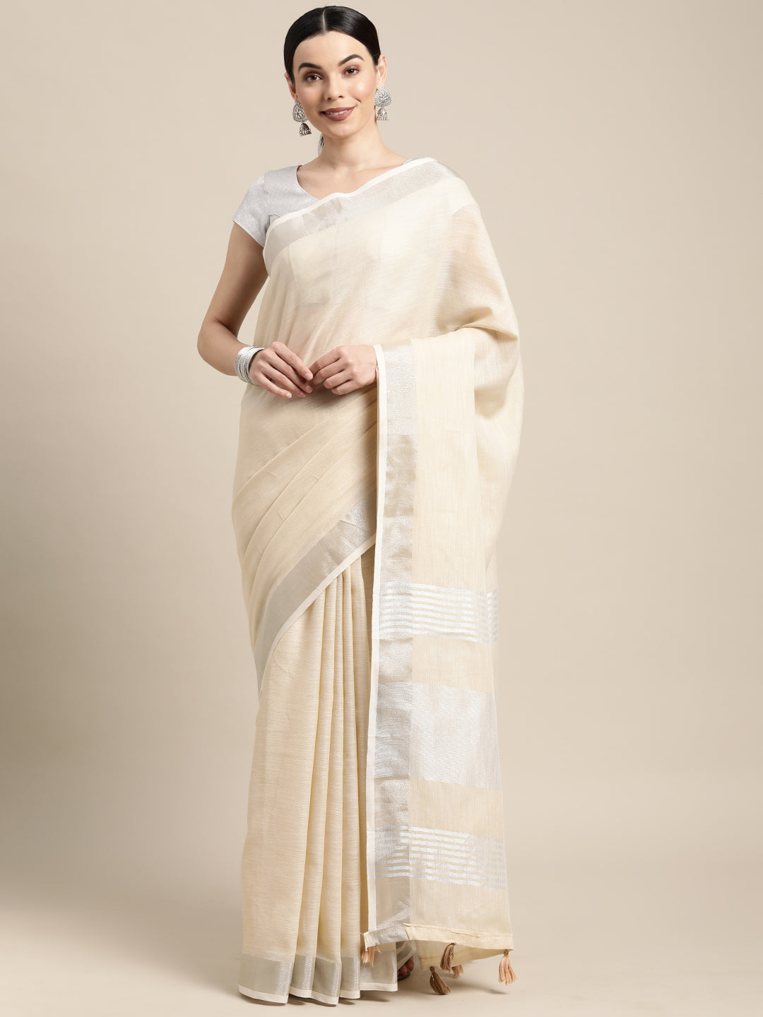 Elegant Beige Woven Linen Saree with Contrast Zari Border & Tassels – Soft & Breathable Party Wear