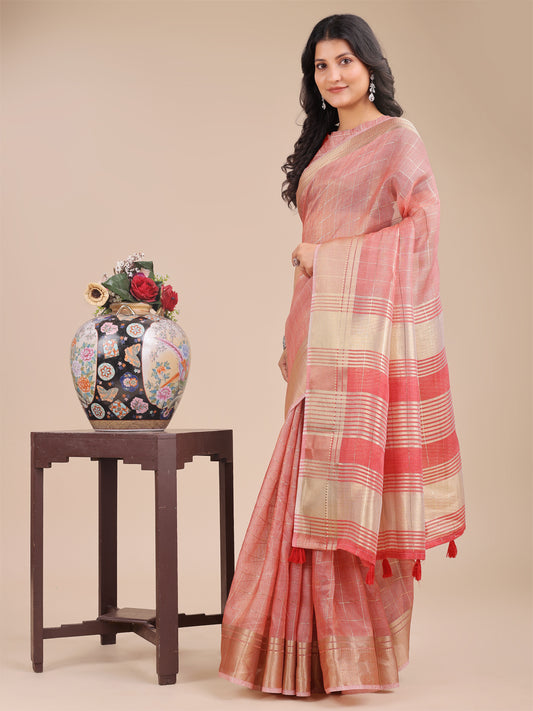 Peach Pink Organza Saree with Golden Checked Pattern – Radiate Soft Elegance