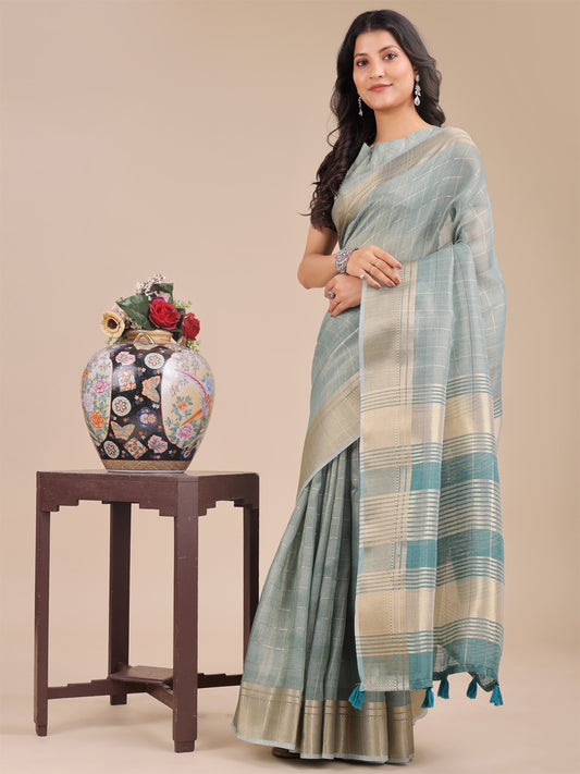 Sea Green Organza Saree with Golden Checked Pattern – Radiate Soft Elegance