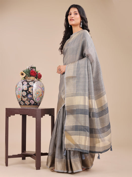 Grey Organza Saree with Golden Checked Pattern – Radiate Soft Elegance