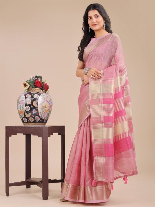 Peach Pink Organza Saree with Golden Checked Pattern – Radiate Soft Elegance