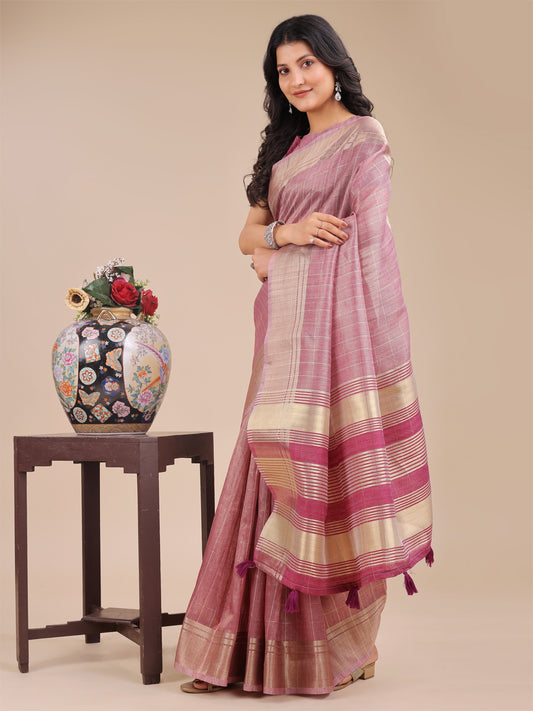 Purple Organza Saree with Golden Checked Pattern – Radiate Soft Elegance