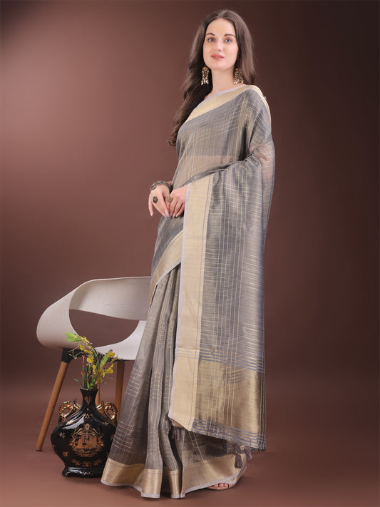 Astita Grey Organza Saree with Gold Checked Design – Elegant & Classy Traditional Wear for Formal & Festive Occasions