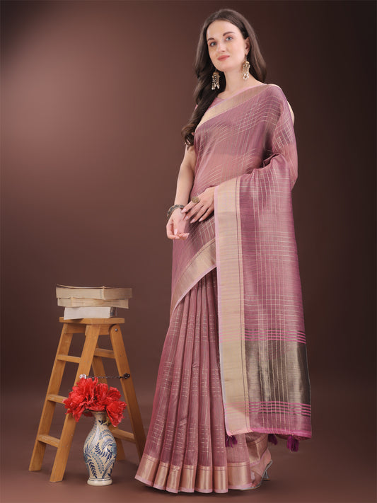 Astita Pink Organza Saree with Gold Checked Design – Elegant & Classy Traditional Wear for Formal & Festive Occasions