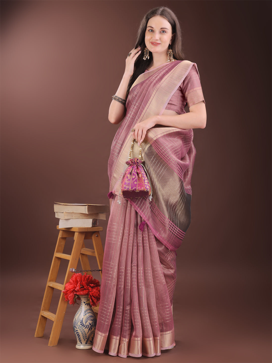 Astita Pink Organza Saree with Gold Checked Design β Elegant & Classy Traditional Wear for Formal & Festive Occasions