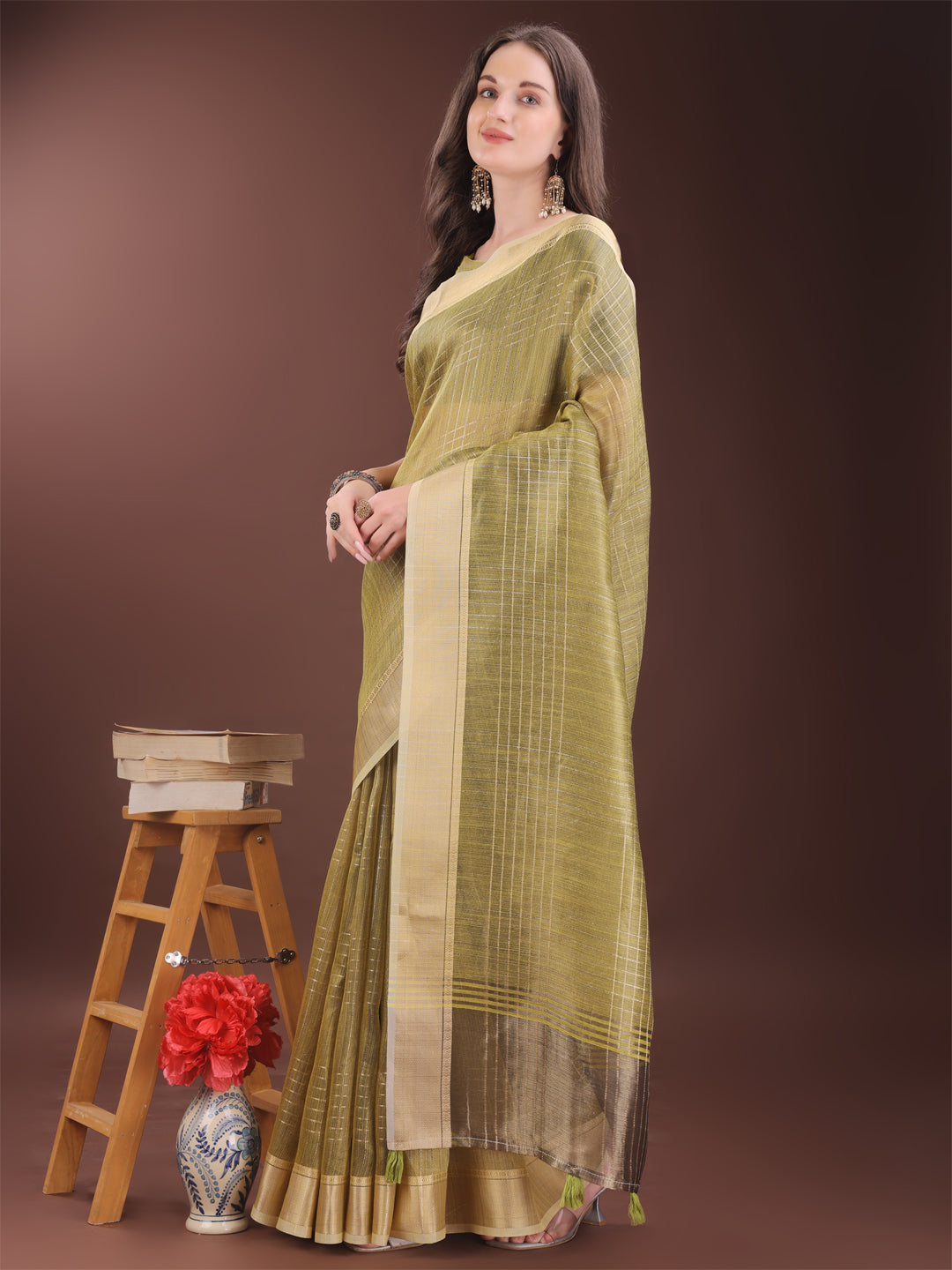 Astita Mhendi Green Organza Saree with Gold Checked Design – Elegant & Classy Traditional Wear for Formal & Festive Occasions