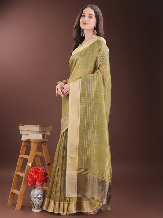 Astita Mhendi Green Organza Saree with Gold Checked Design – Elegant & Classy Traditional Wear for Formal & Festive Occasions