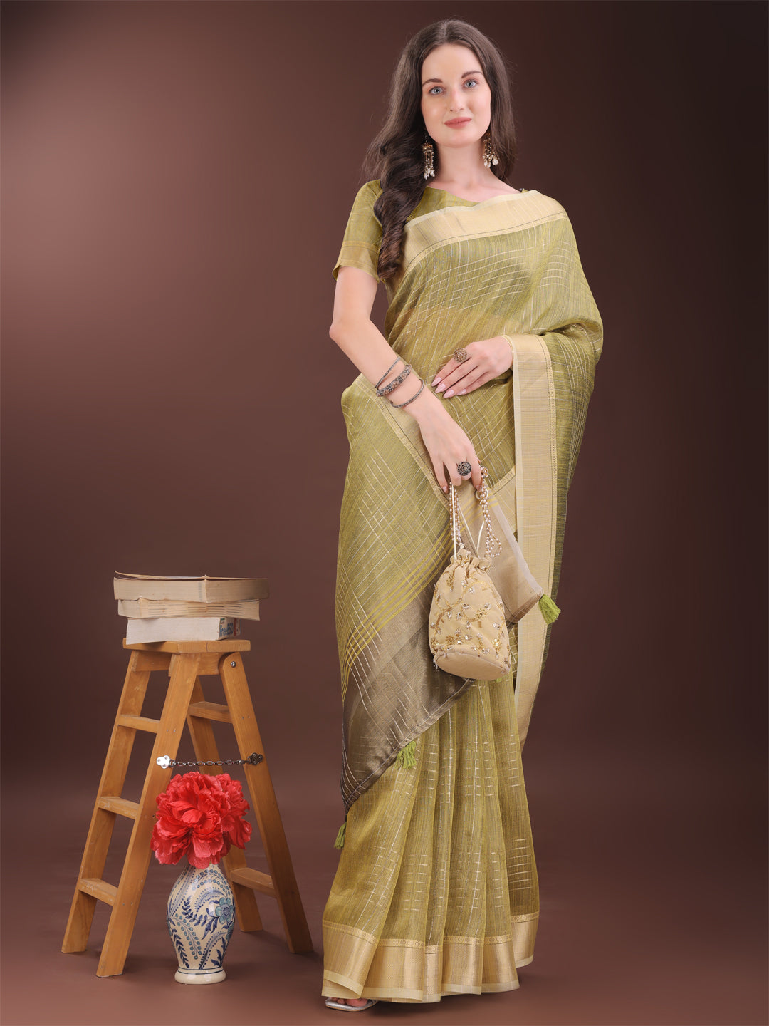 Astita Mhendi Green Organza Saree with Gold Checked Design – Elegant & Classy Traditional Wear for Formal & Festive Occasions