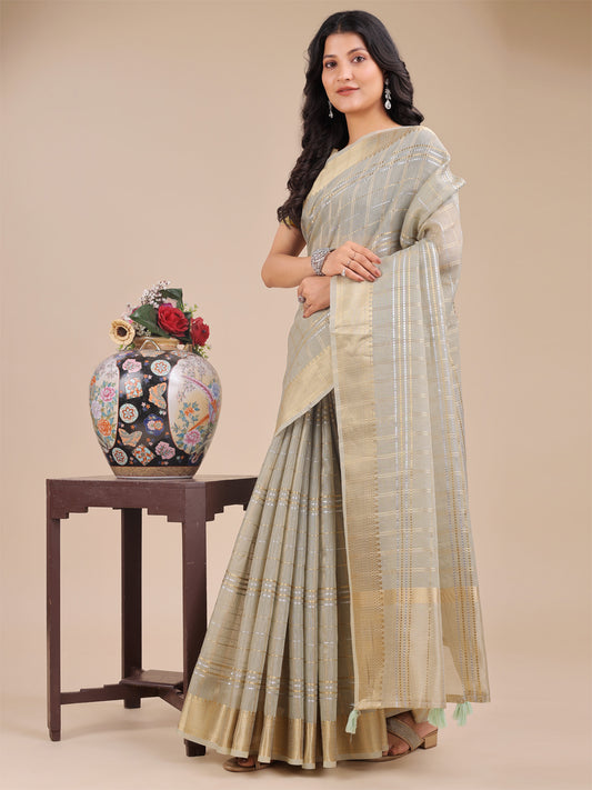 Astita Pale Sage Green Organza Saree with Gold Zari – Subtle Grace for Timeless Style