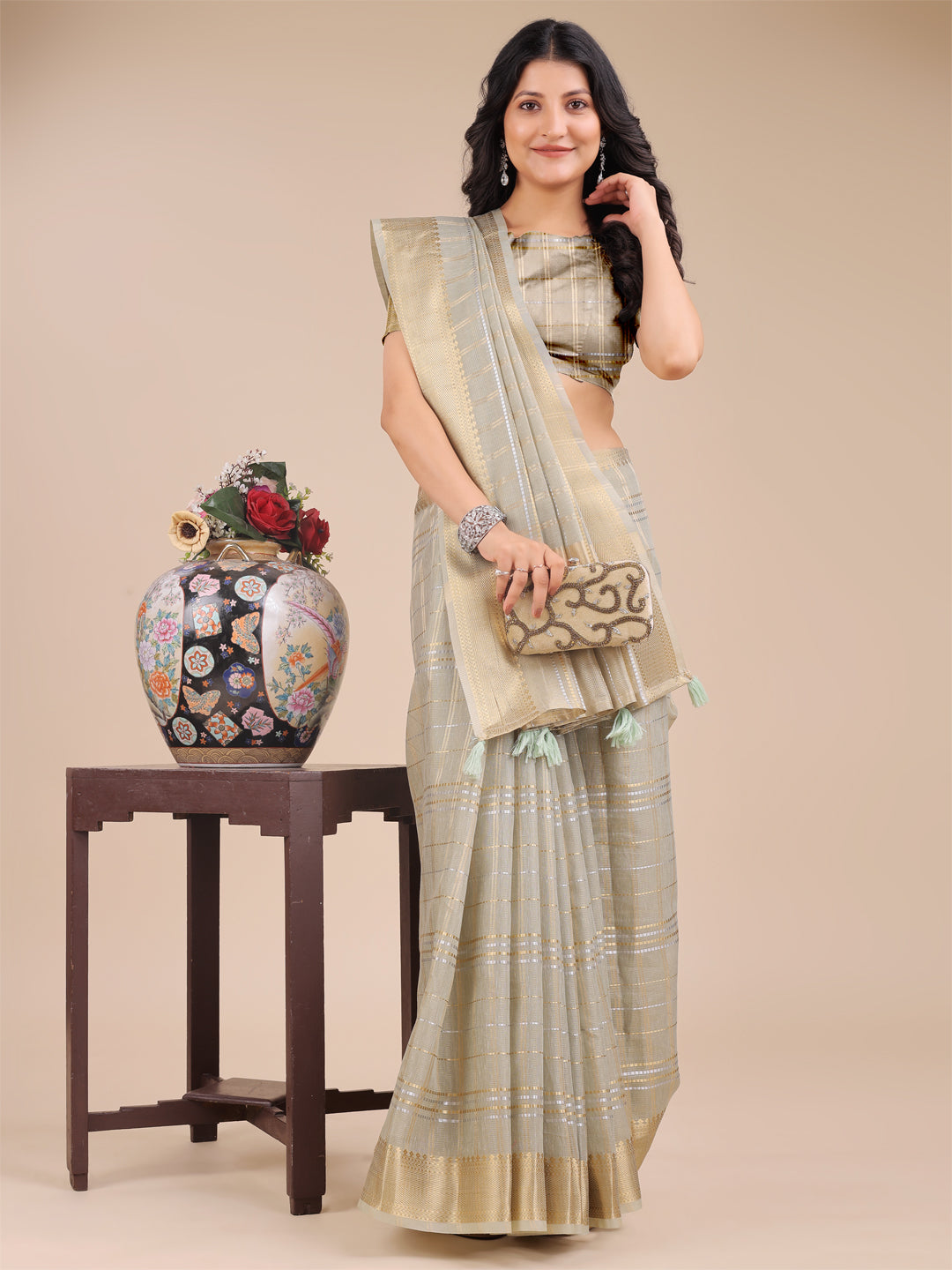 Astita Pale Sage Green Organza Saree with Gold Zari – Subtle Grace for Timeless Style