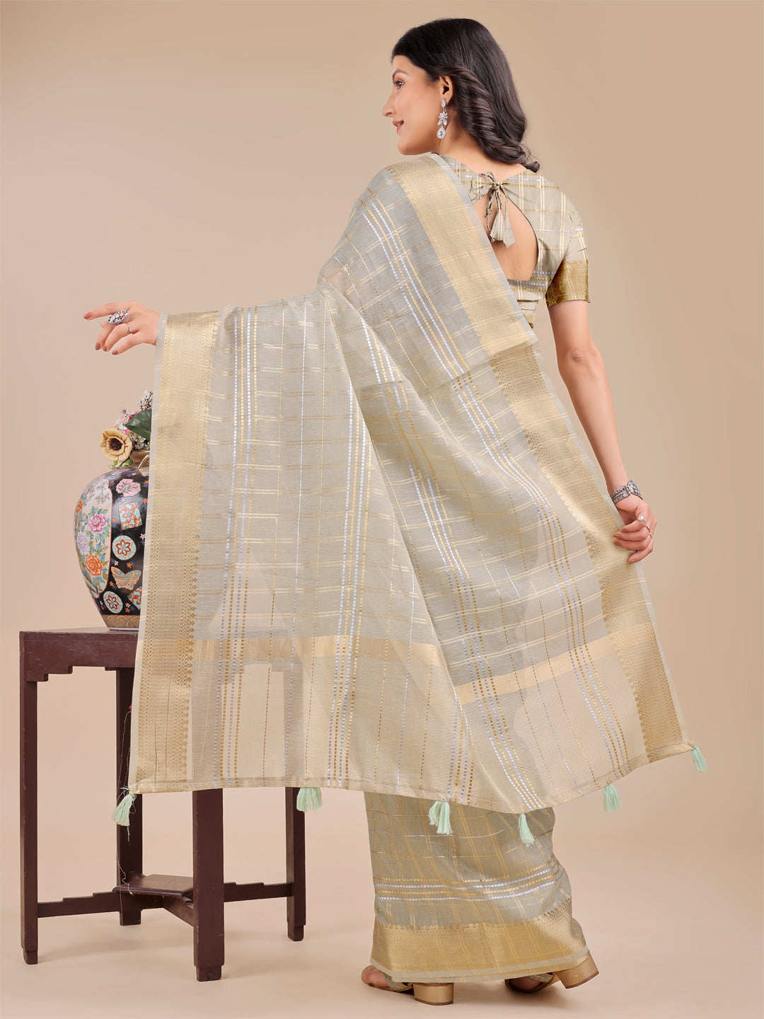 Astita Pale Sage Green Organza Saree with Gold Zari – Subtle Grace for Timeless Style
