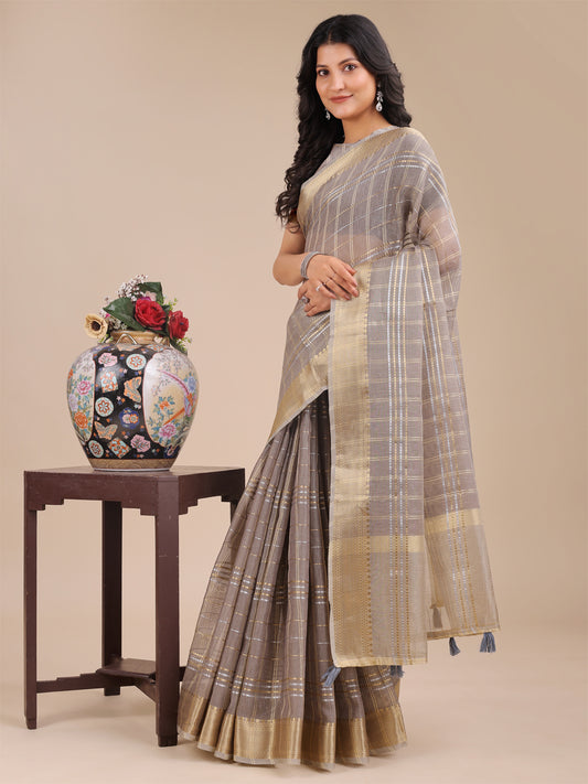 Astita Tan Organza Saree with Gold Zari – Subtle Grace for Timeless Style