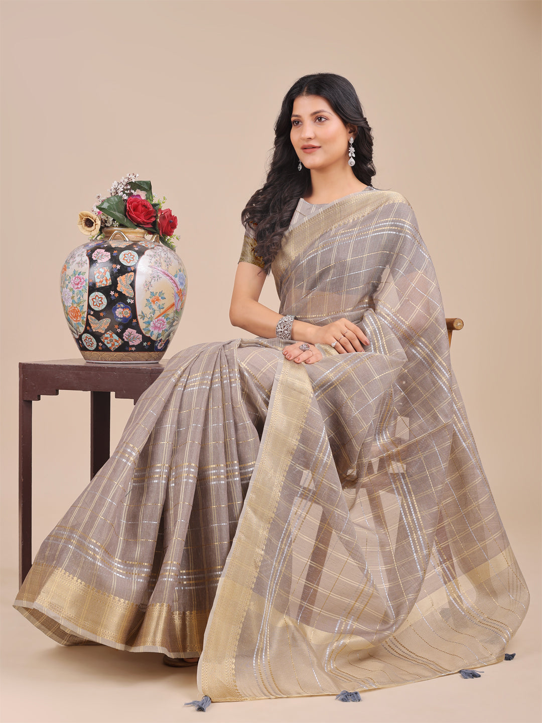 Astita Tan Organza Saree with Gold Zari – Subtle Grace for Timeless Style