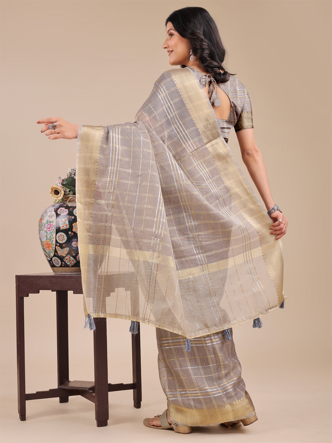 Astita Tan Organza Saree with Gold Zari – Subtle Grace for Timeless Style