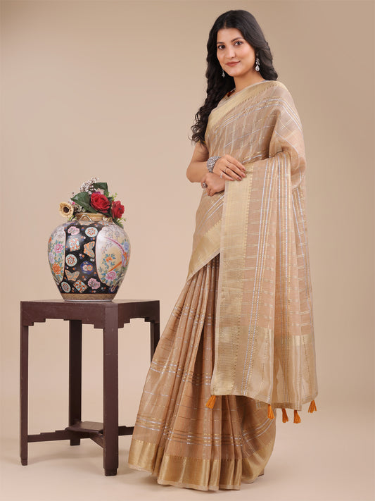 Astita Cream Organza Saree with Gold Zari – Subtle Grace for Timeless Style