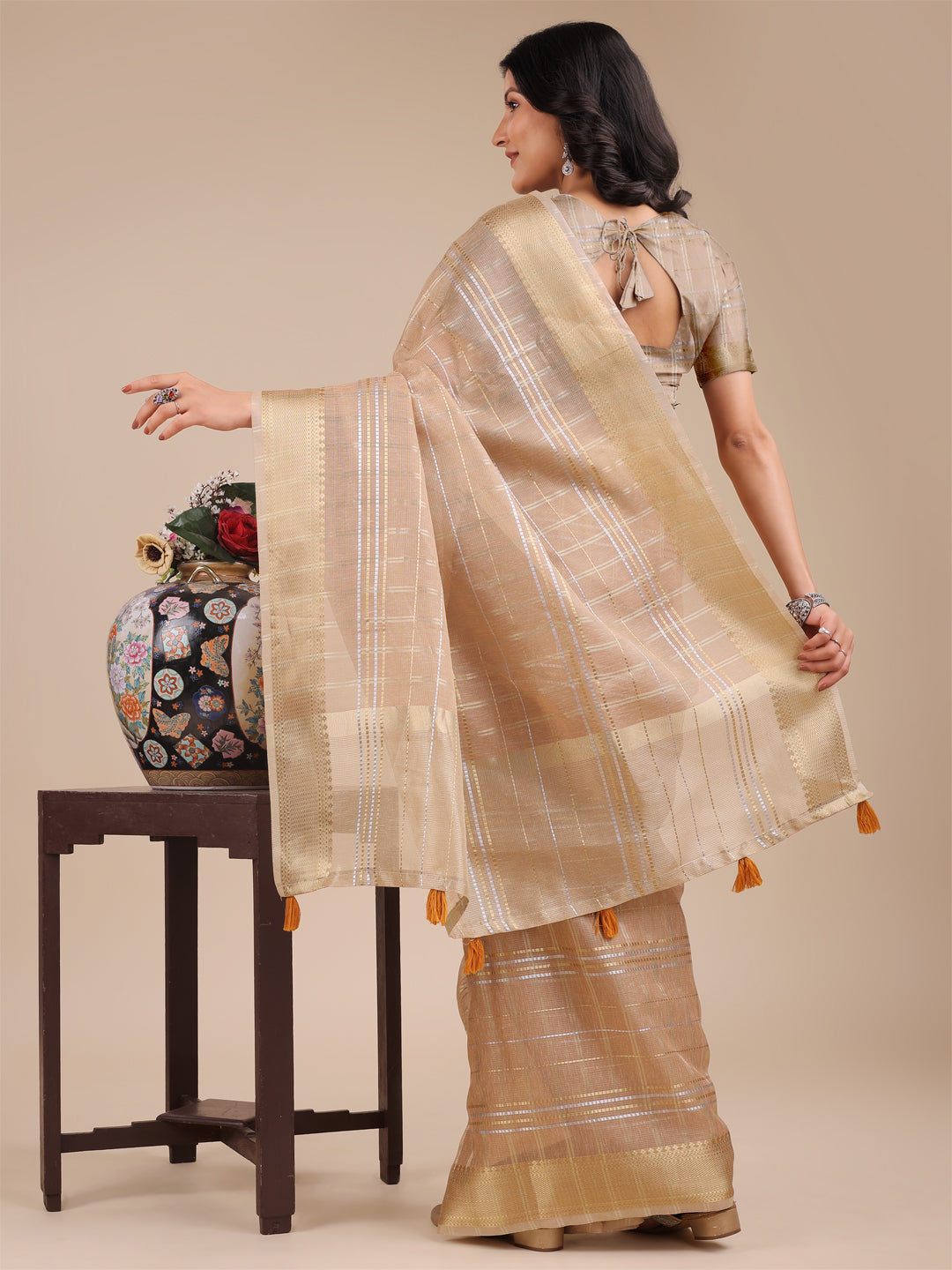 Astita Cream Organza Saree with Gold Zari – Subtle Grace for Timeless Style