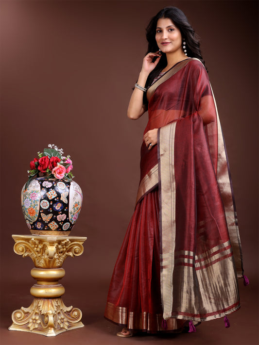 Maroon Red Organza Saree with Golden Zari Border – Embrace Classic Grace