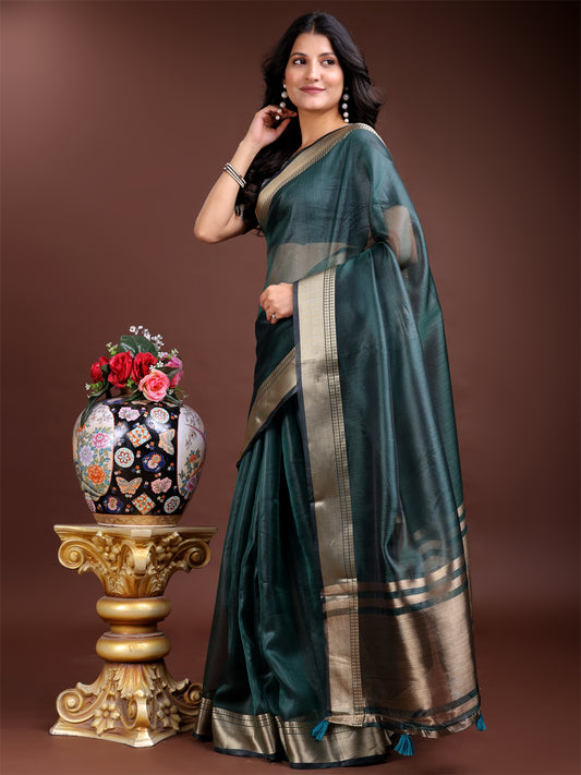 Sea Green Organza Saree with Golden Zari Border – Embrace Classic Grace