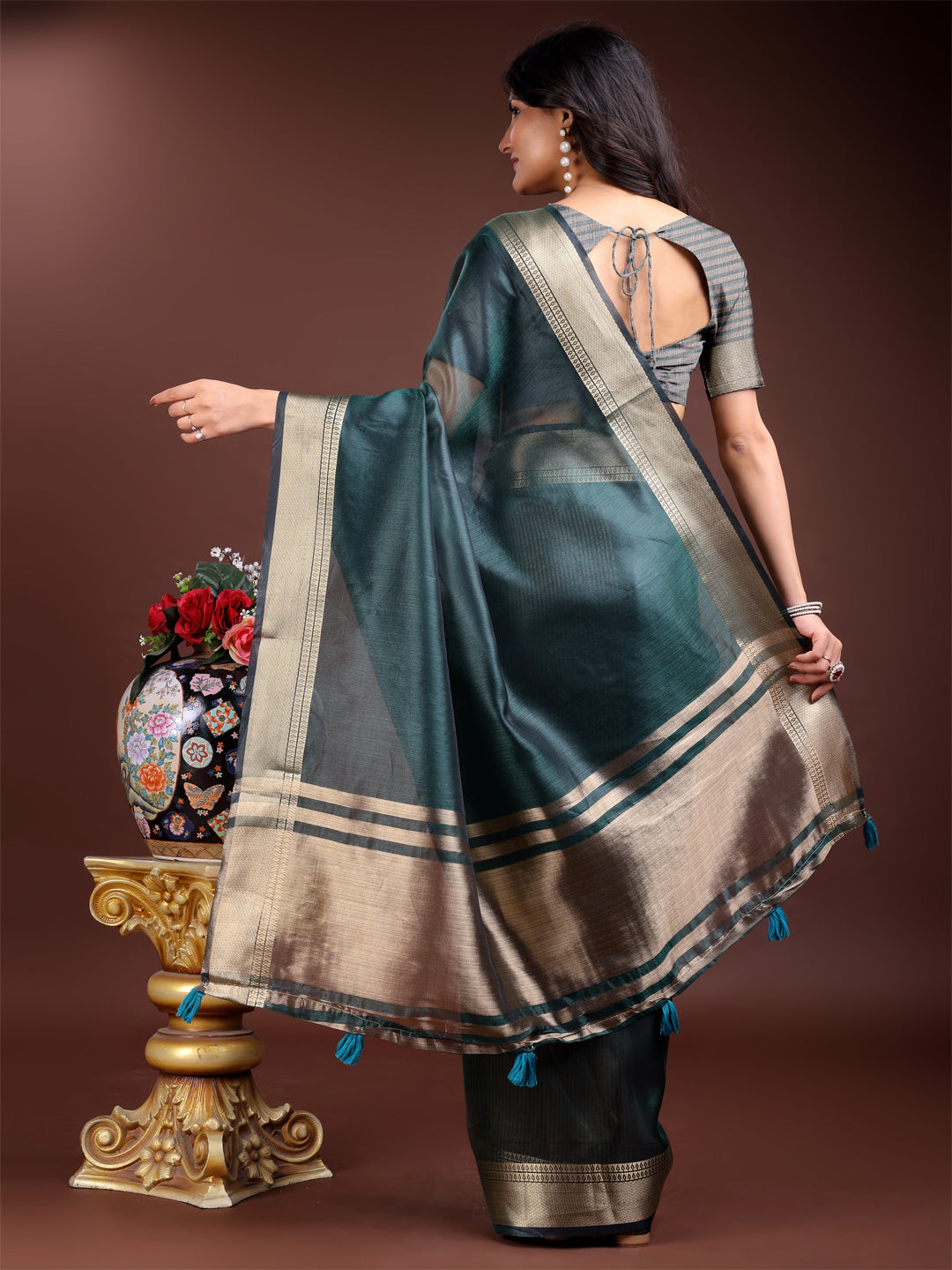 Sea Green Organza Saree with Golden Zari Border – Embrace Classic Grace