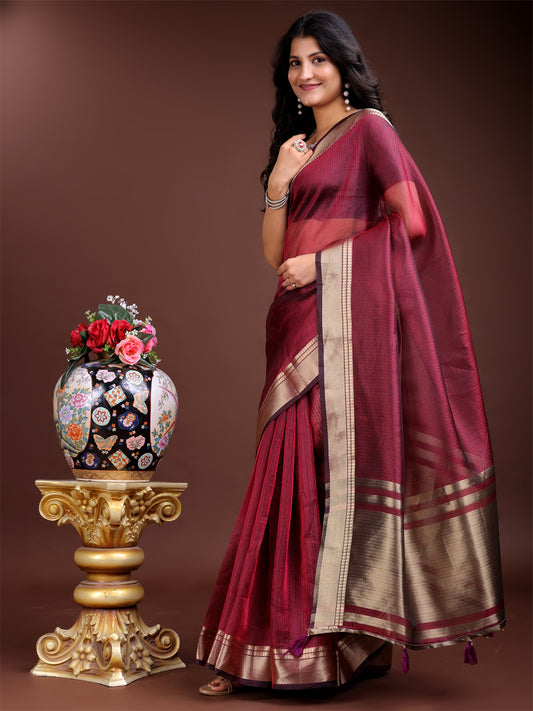 Magenta Organza Saree with Golden Zari Border – Embrace Classic Grace