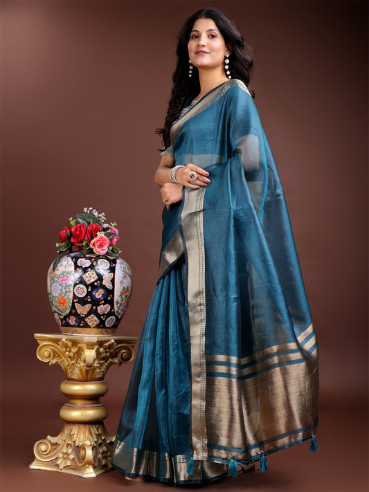 Sea Green Organza Saree with Golden Zari Border – Embrace Classic Grace