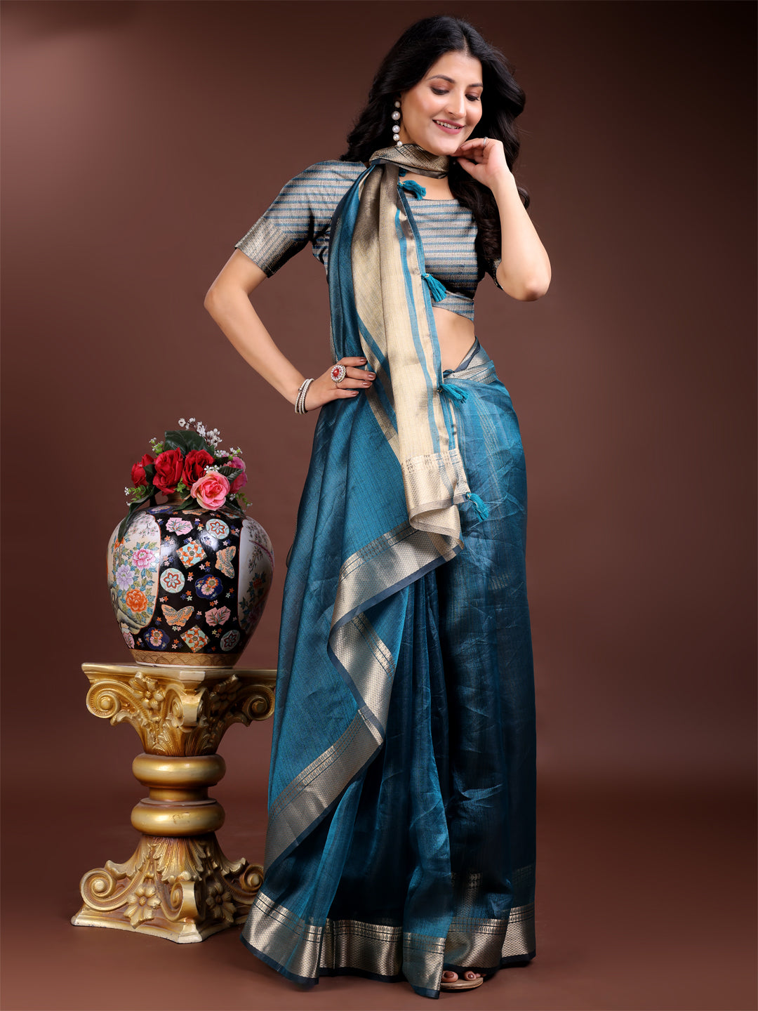 Sea Green Organza Saree with Golden Zari Border – Embrace Classic Grace