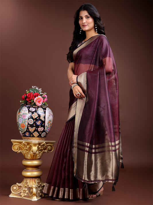 Purple Organza Saree with Golden Zari Border – Embrace Classic Grace