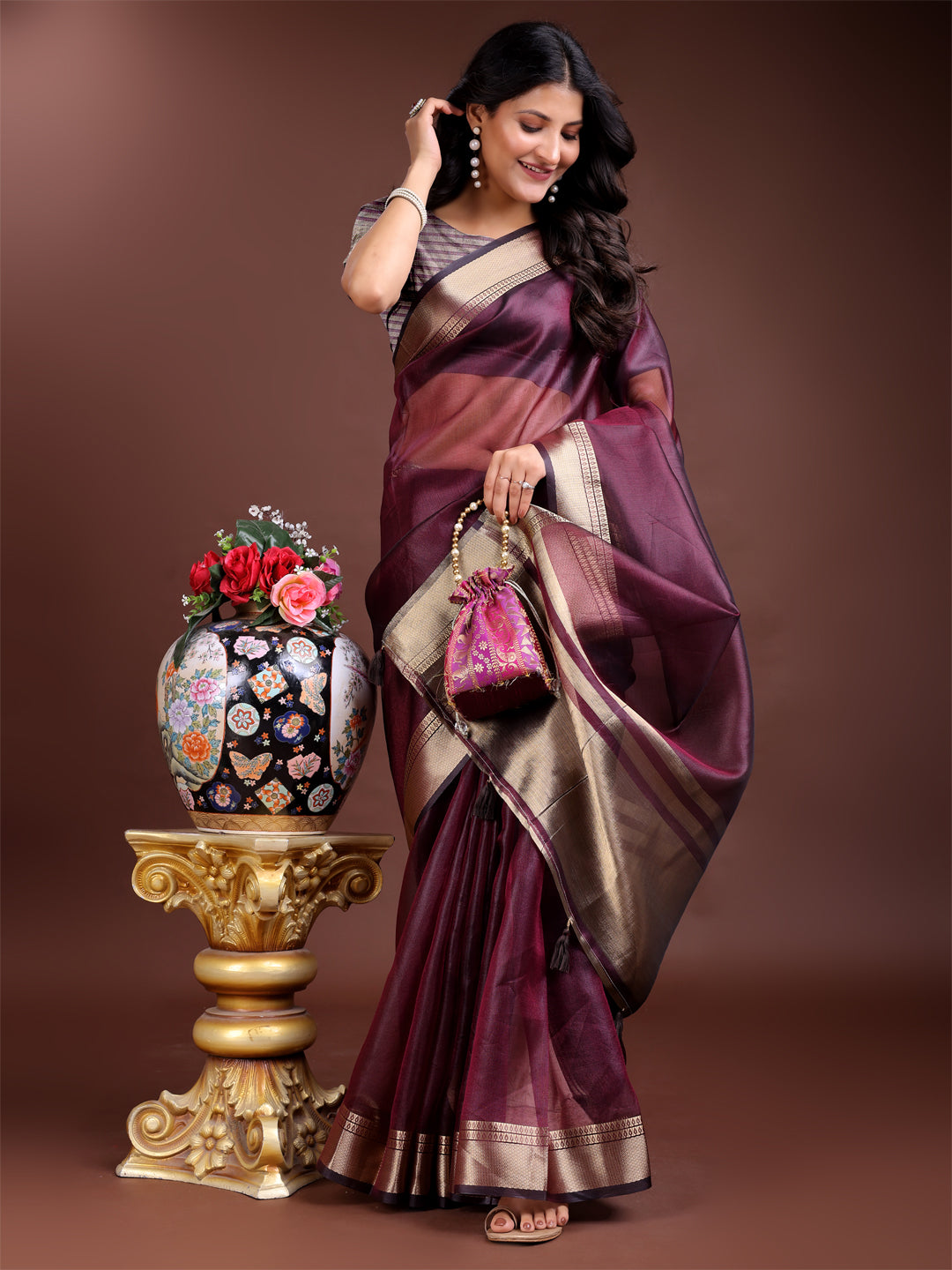Purple Organza Saree with Golden Zari Border – Embrace Classic Grace