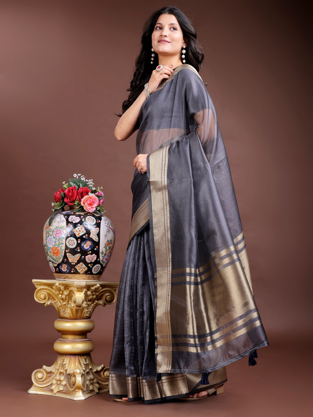 Grey Organza Saree with Golden Zari Border – Embrace Classic Grace
