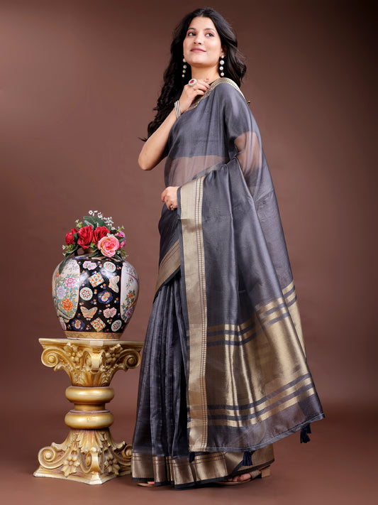 Grey Organza Saree with Golden Zari Border – Embrace Classic Grace