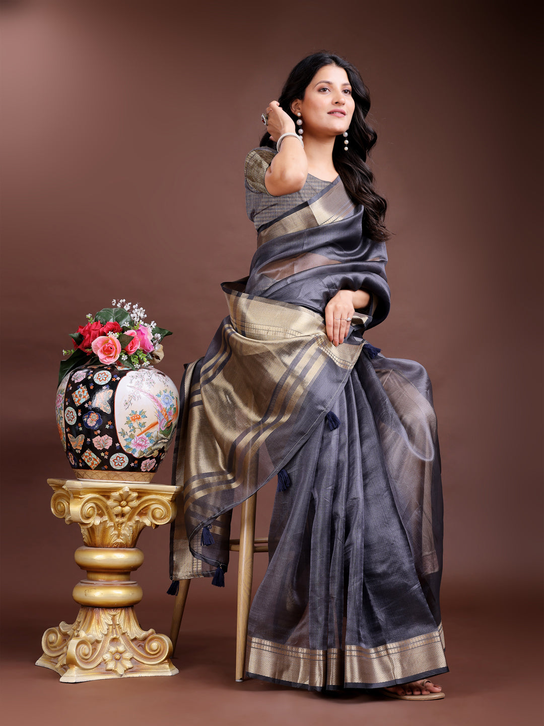 Grey Organza Saree with Golden Zari Border – Embrace Classic Grace