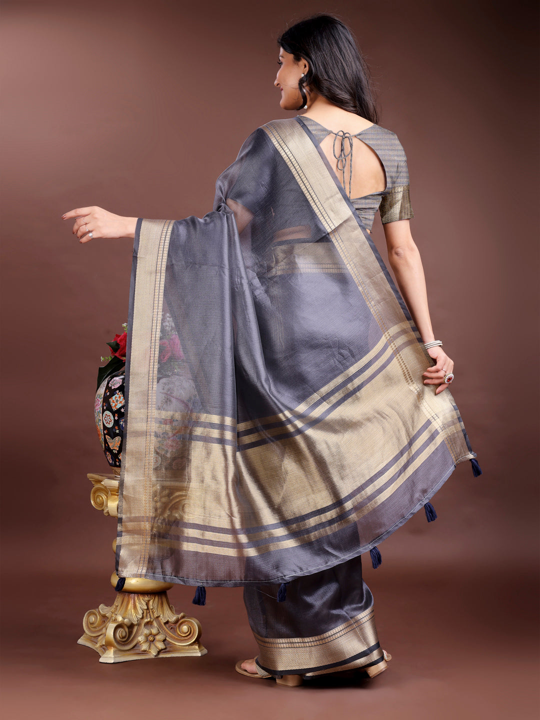 Grey Organza Saree with Golden Zari Border – Embrace Classic Grace