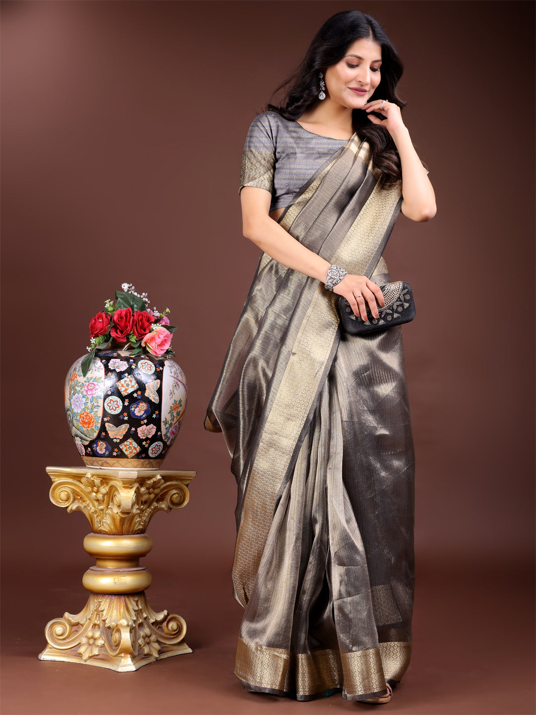 Charcoal Grey Organza Saree with Golden Zari Border – Mystique Meets Elegance