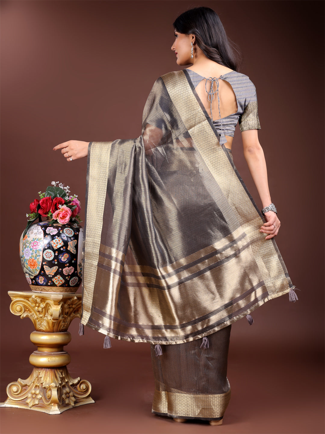 Charcoal Grey Organza Saree with Golden Zari Border – Mystique Meets Elegance