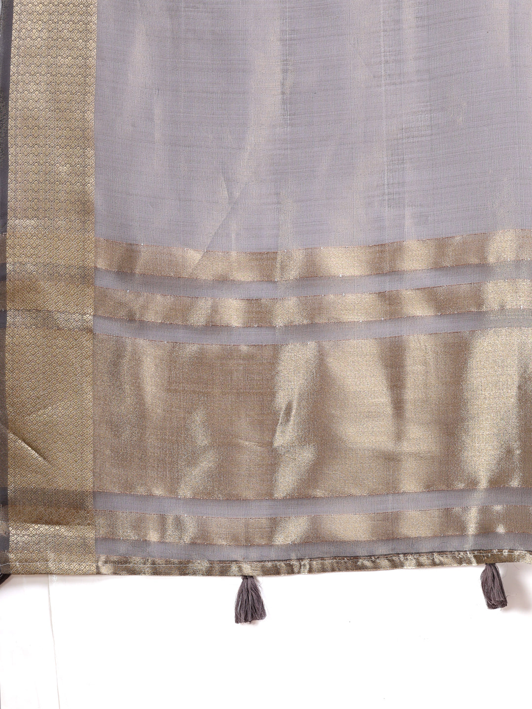 Charcoal Grey Organza Saree with Golden Zari Border – Mystique Meets Elegance