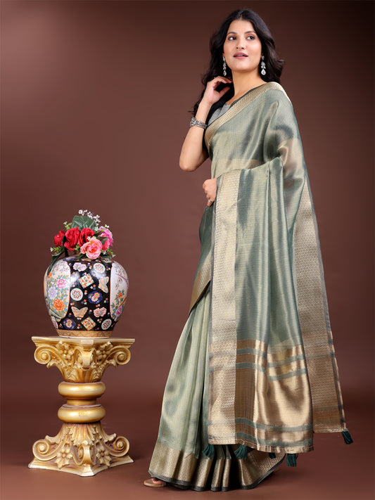 Sea Green Organza Saree with Golden Zari Border – Mystique Meets Elegance