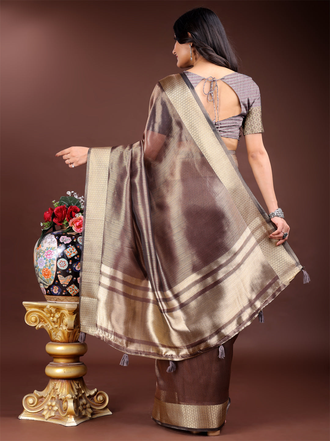 Brown Organza Saree with Golden Zari Border – Mystique Meets Elegance