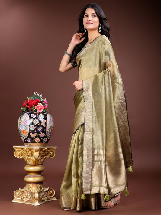 Mhendi Green Organza Saree with Golden Zari Border – Mystique Meets Elegance
