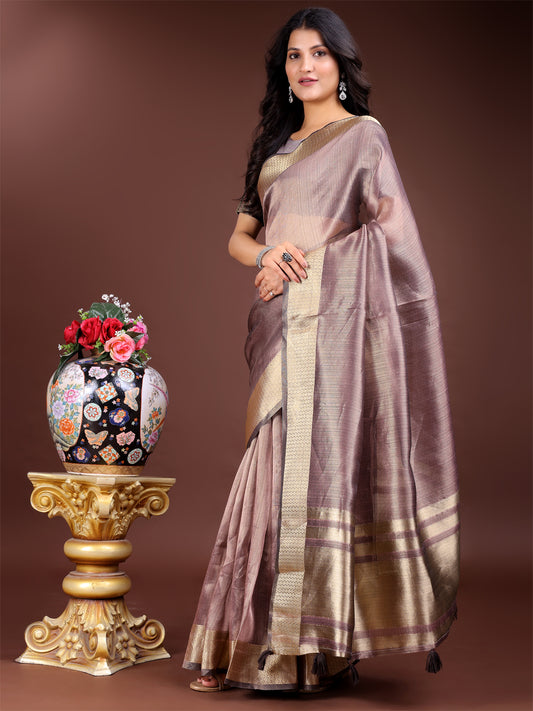 Purple Organza Saree with Golden Zari Border – Mystique Meets Elegance