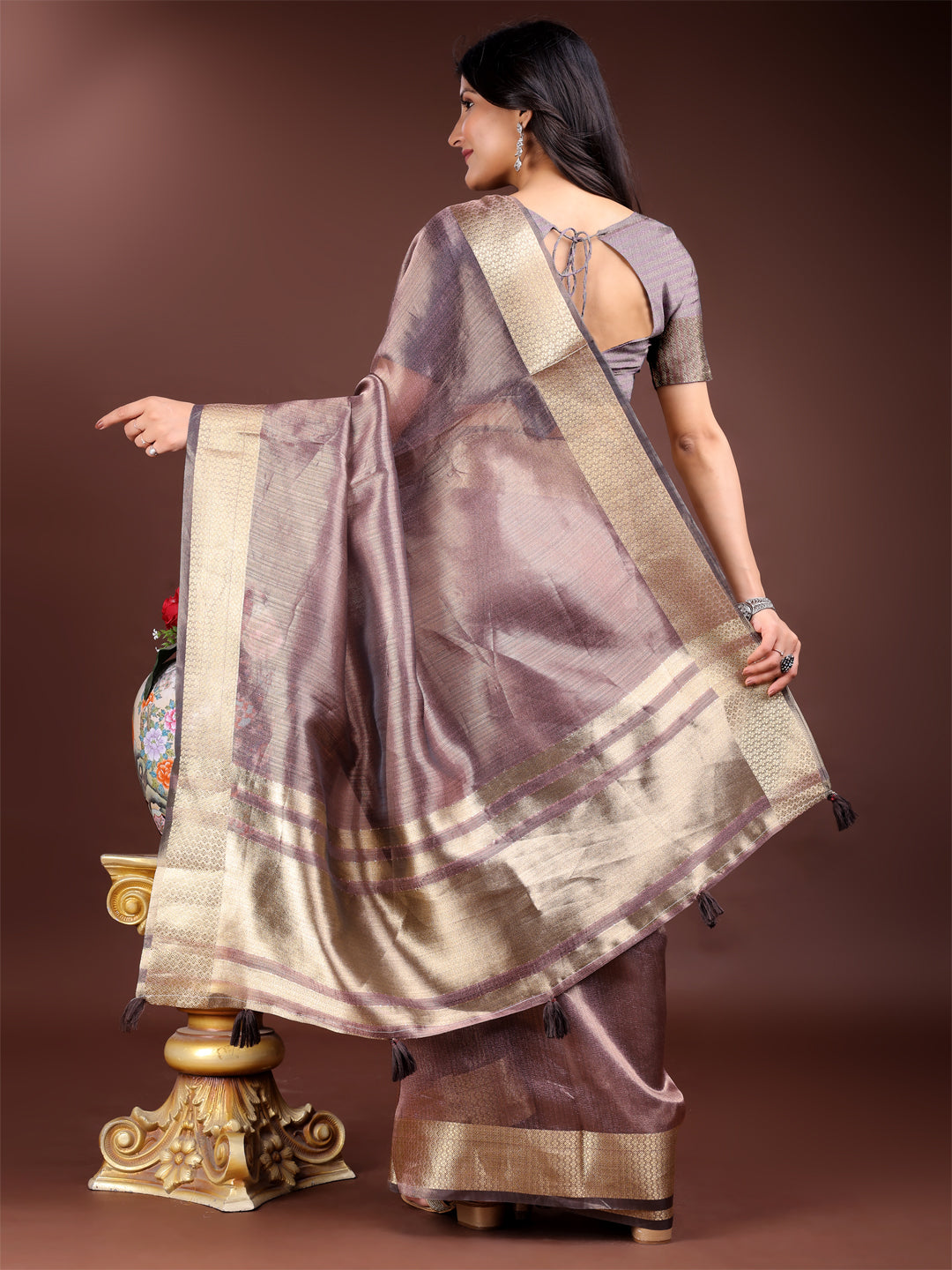 Purple Organza Saree with Golden Zari Border – Mystique Meets Elegance