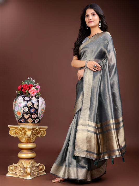 Silver Organza Saree with Golden Zari Border – Mystique Meets Elegance