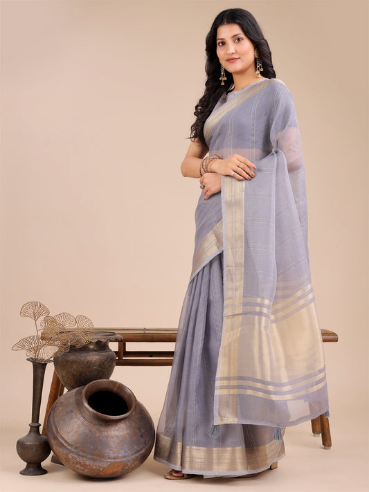 Astita Dusty Lavender Organza Saree with Golden Border – Ethereal Elegance for Every Occasion