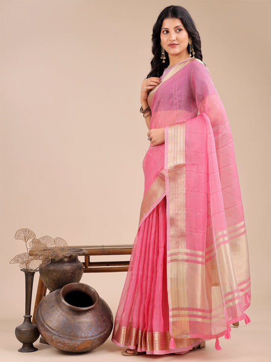 Astita Pink Organza Saree with Golden Border – Ethereal Elegance for Every Occasion