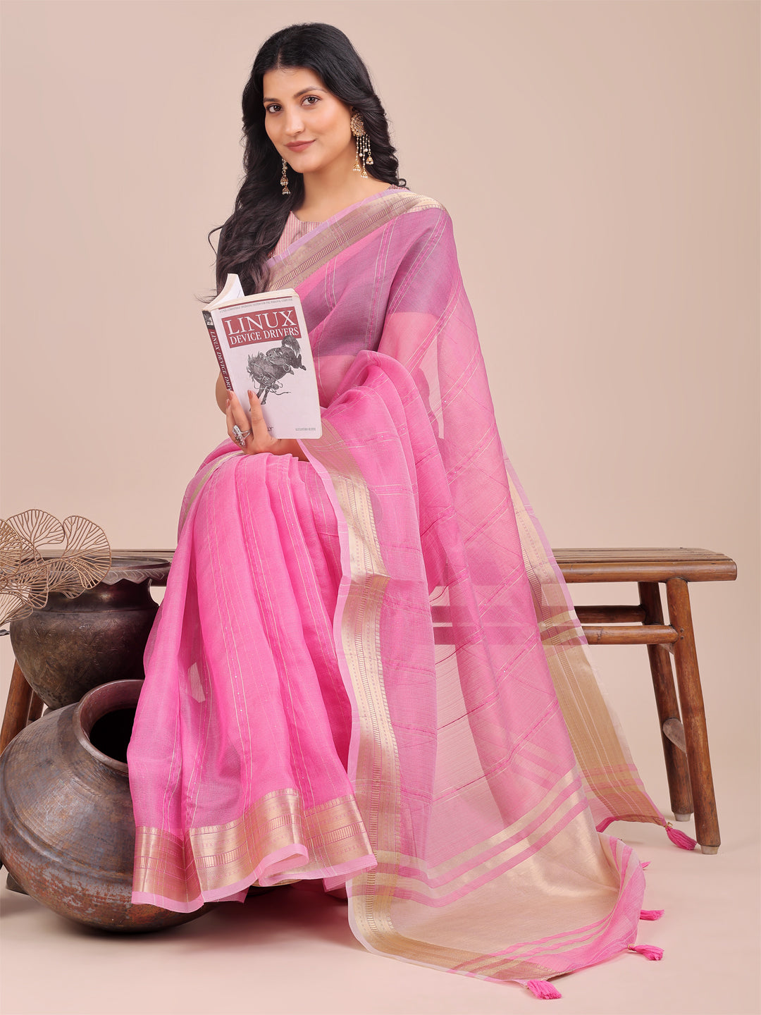 Astita Pink Organza Saree with Golden Border β Ethereal Elegance for Every Occasion