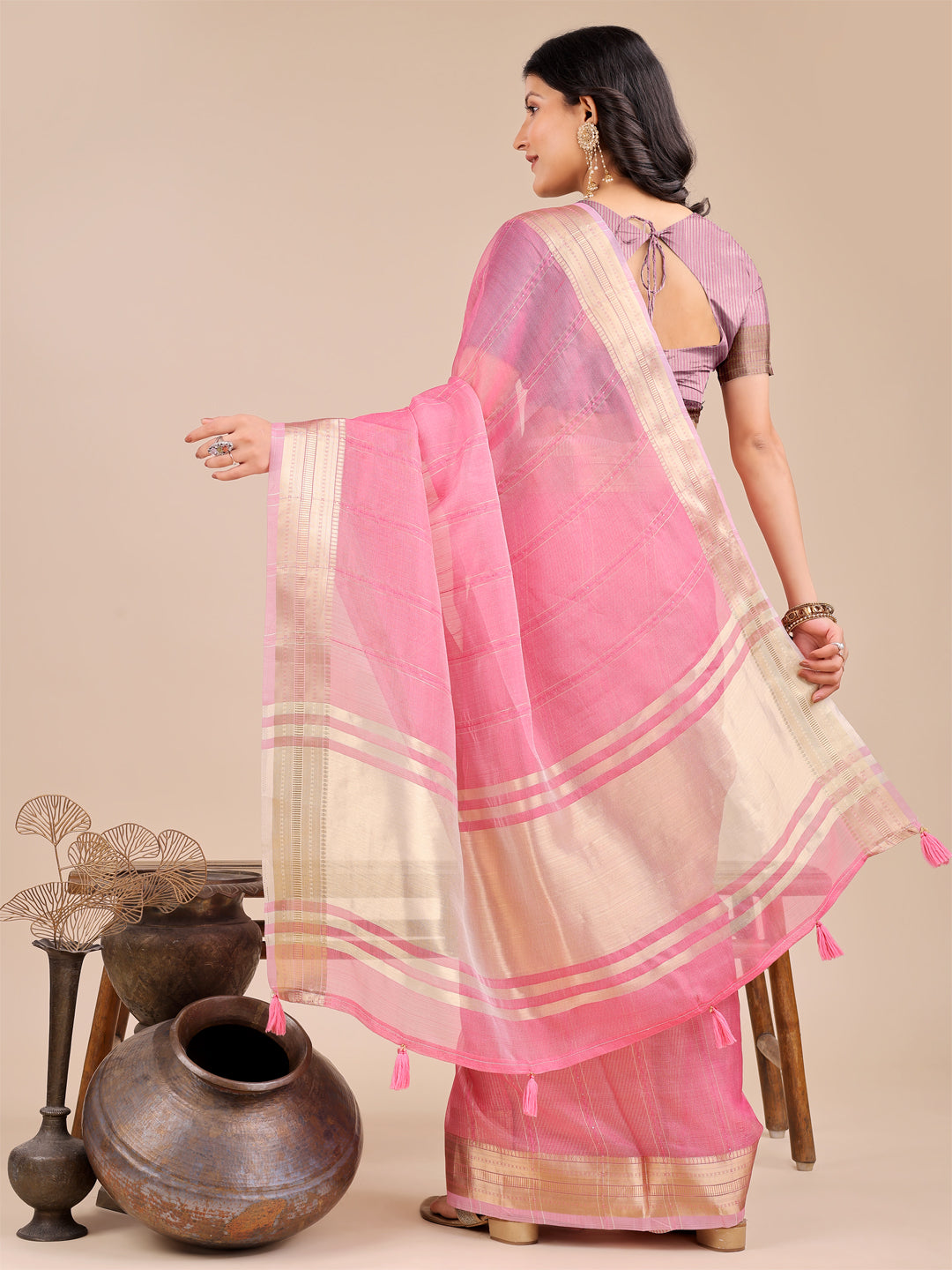 Astita Pink Organza Saree with Golden Border β Ethereal Elegance for Every Occasion