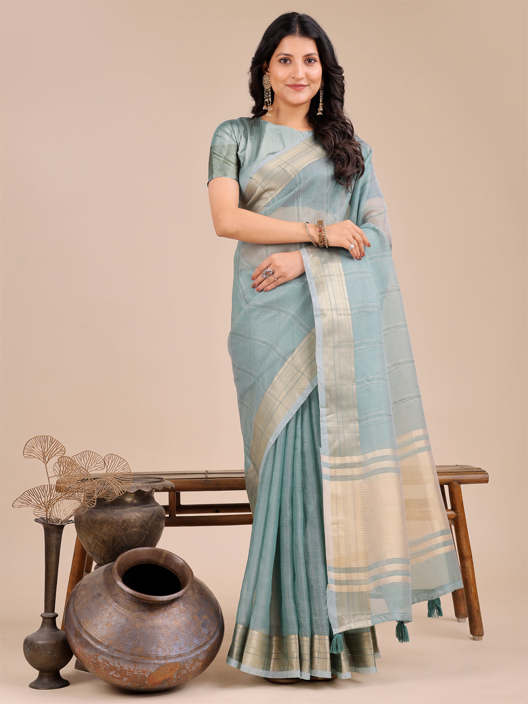 Astita Sea Green Organza Saree with Golden Border – Ethereal Elegance for Every Occasion